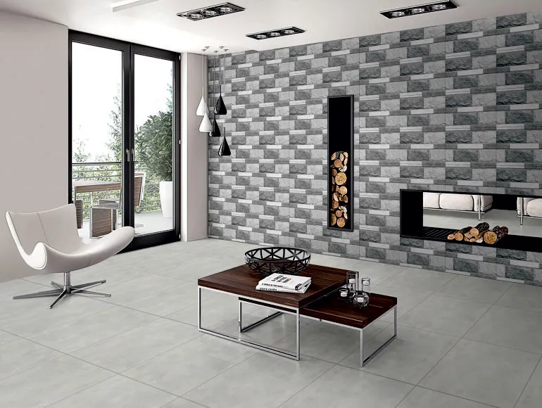 Modern living room design with geometric pattern tiles